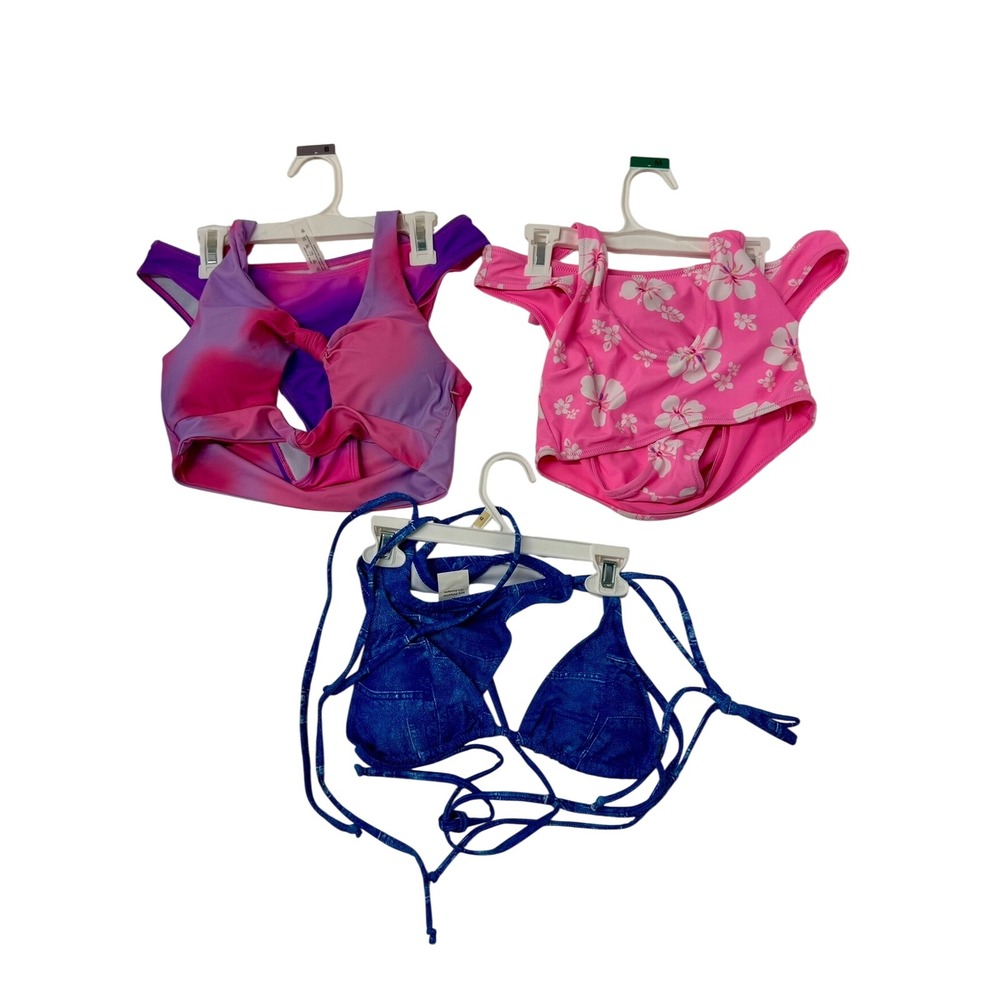 Lot of 3 Women's Bikini Swimsuit Sets Pink Floral Purple Ombre Blue Denim Size M